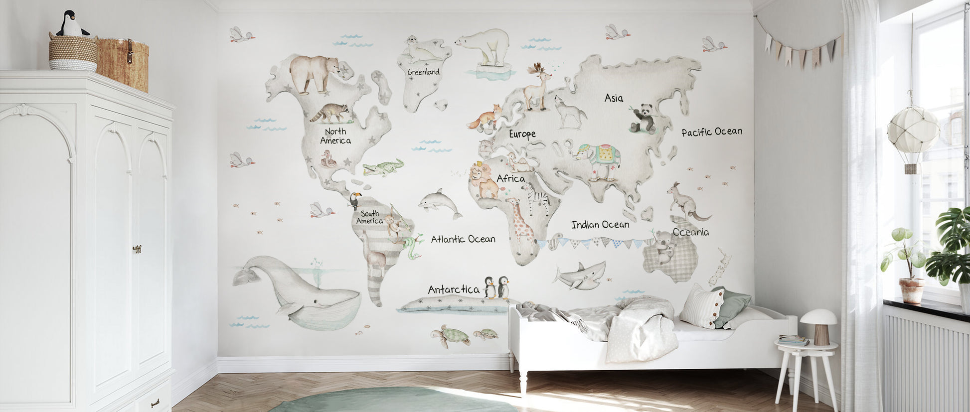 🥇 Carta da parati mappa del mondo per bambini con disegni di animali e  alberi per regione 🥇