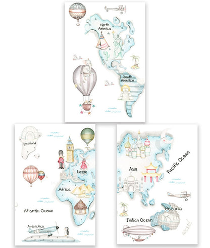 MAPA MUNDI TRAVEL AZUL Pack de cuadros infantil personalizados