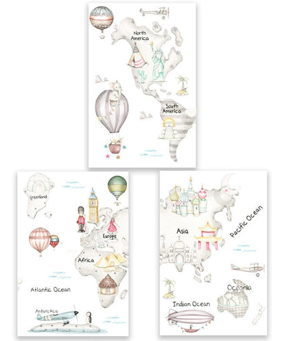 MAPA MUNDI TRAVEL GRIS Pack de cuadros infantil personalizados