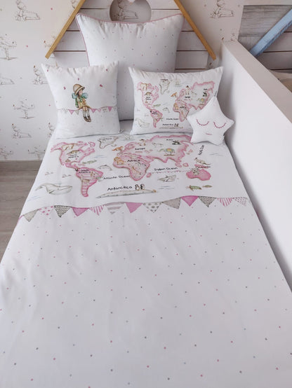 MAPA MUNDI ROSA Funda Nórdica infantil.