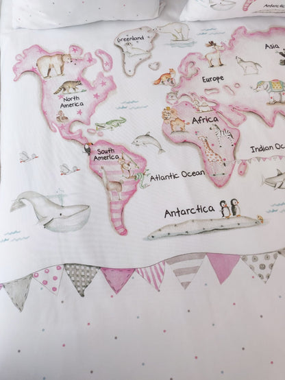 MAPA MUNDI ROSA Funda Nórdica infantil.