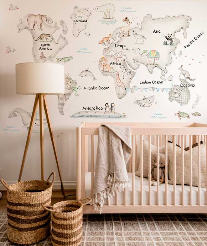 Watercolor Kids World Map with Soft Animals Wallpaper Mural