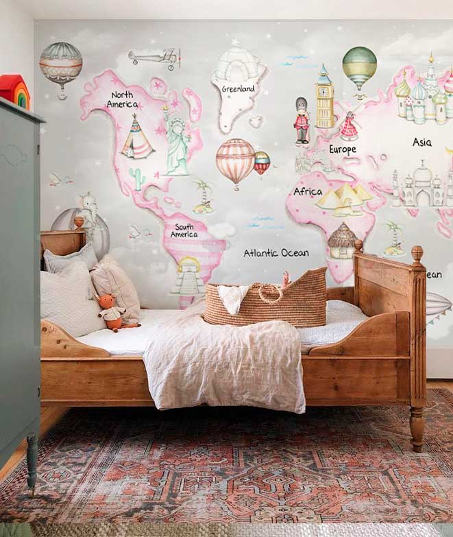 MAPA MUNDI TRAVEL ROSA F.GRIS Mural de papel pintado