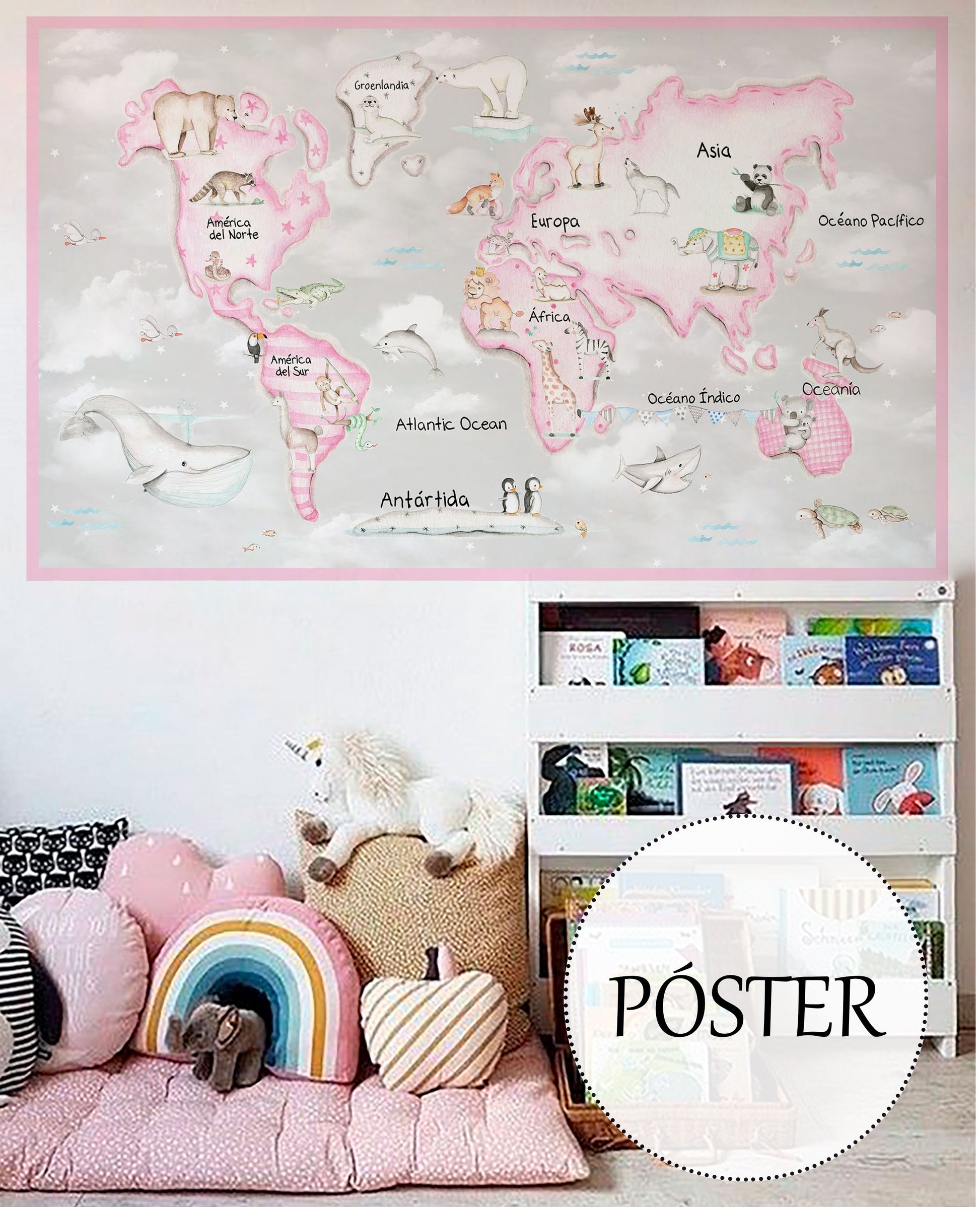 MAPA MUNDI ROSA F.GRIS Póster autoadhesivo