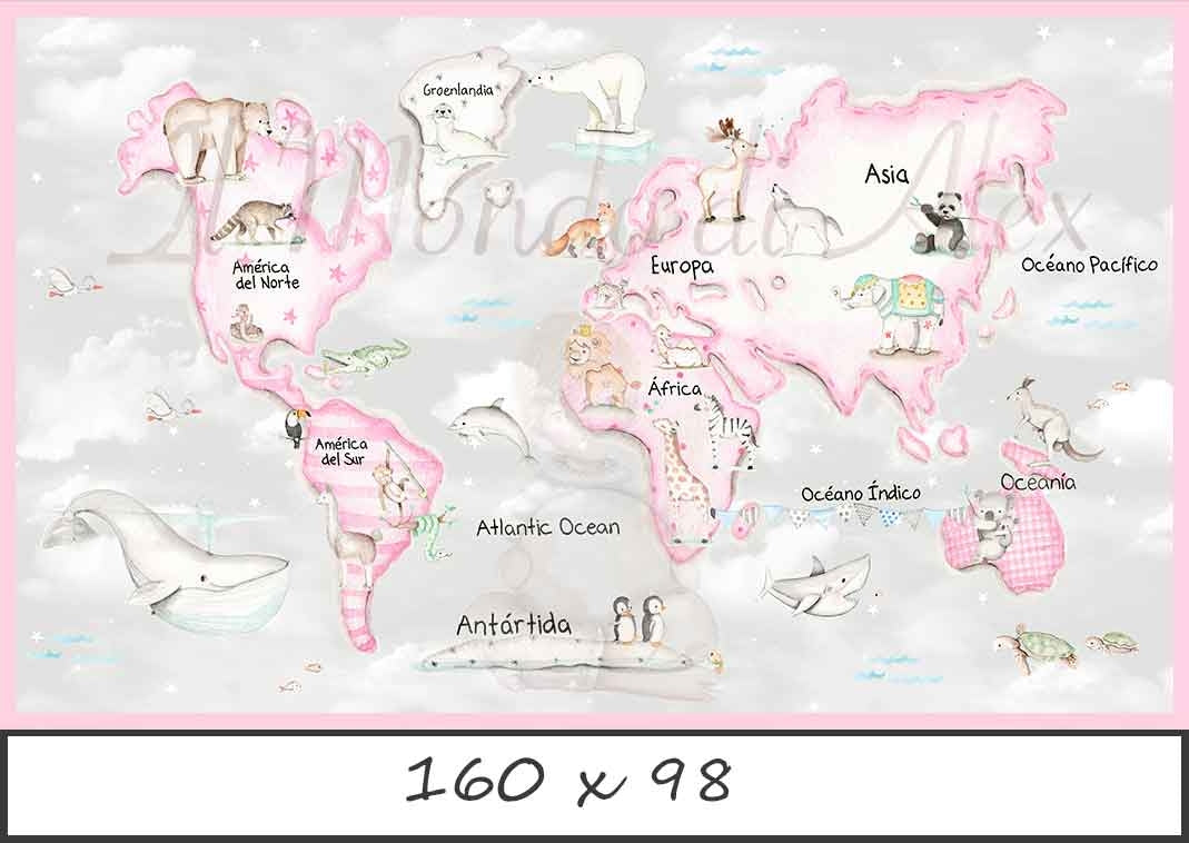 MAPA MUNDI ROSA F.GRIS Póster autoadhesivo