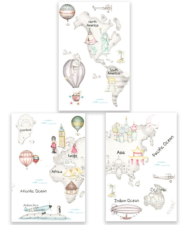 MAPA MUNDI TRAVEL GRIS Pack de cuadros infantil personalizados