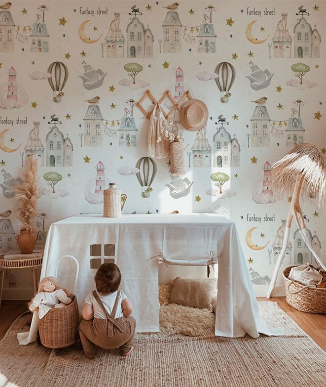 Mural papel pintado infantil casitas