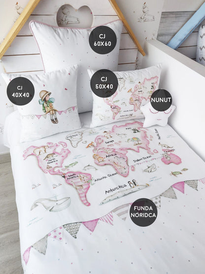 MAPA MUNDI ROSA Funda Nórdica infantil.